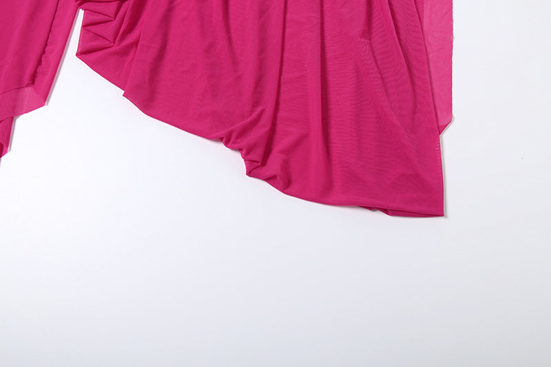 Women Fall Mesh Sexy One-Sided Long-Sleeve Crop Top with Pleated Slit Skirt Two-Piece Set 17