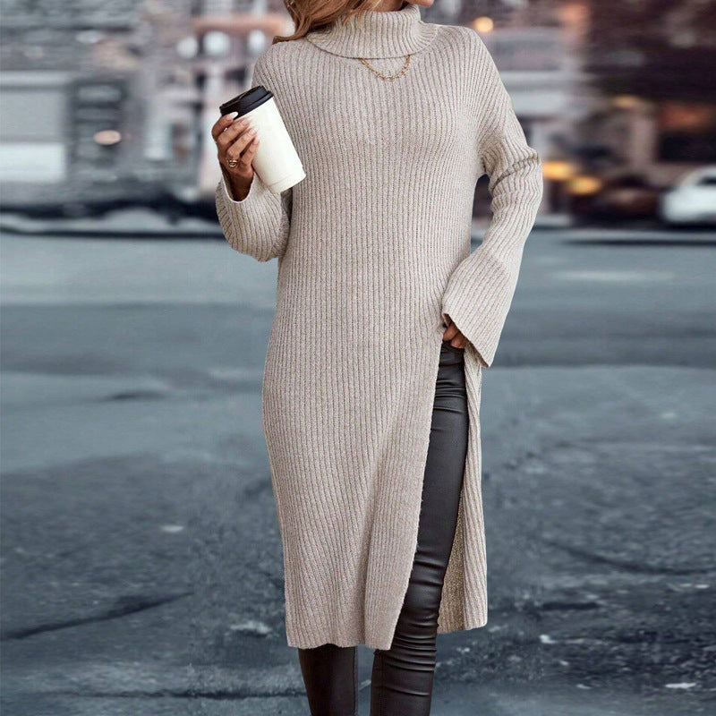 Fashionable Autumn And Winter Loose High-Neck Long-Sleeved Split Sweater Dress 3