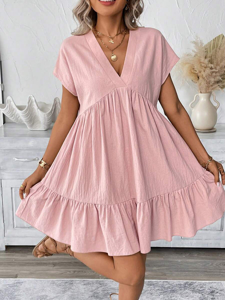 Women's Summer Holiday Style Ruffle Hem V-Neck Solid Color Loose Short Dress 7