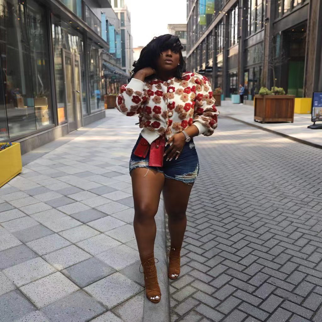 Women Flower Ribbed Long Sleeve Jacket 5