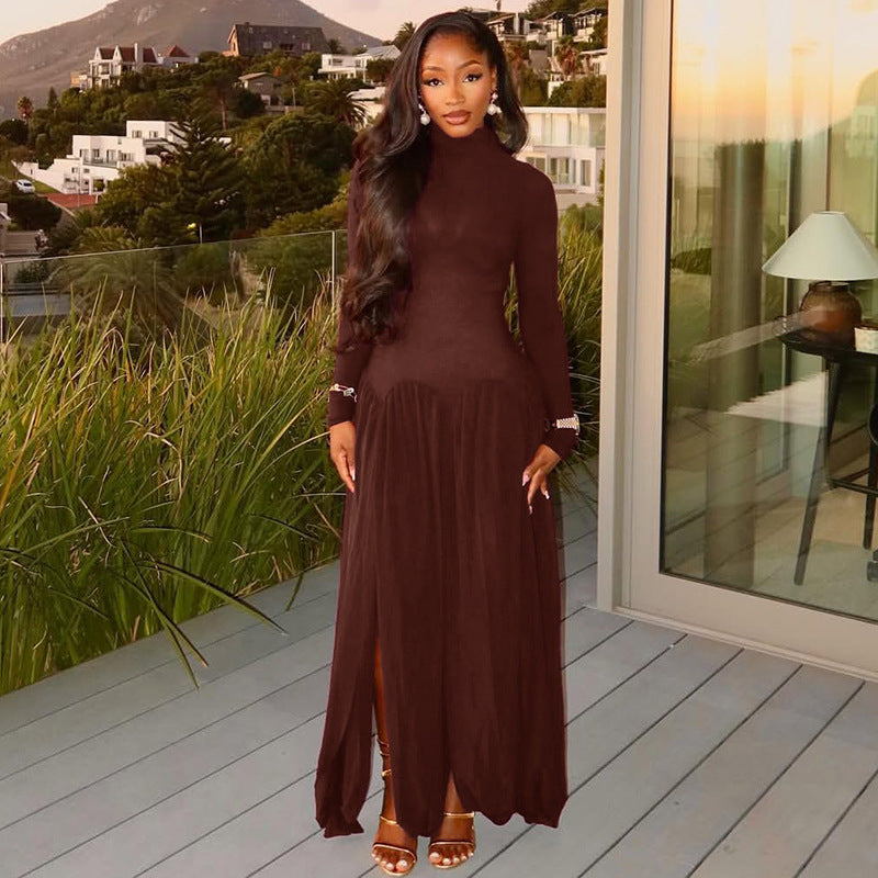 Women Slash Solid Pleated Elegant Turtleneck Long Sleeve Bodycon Dress