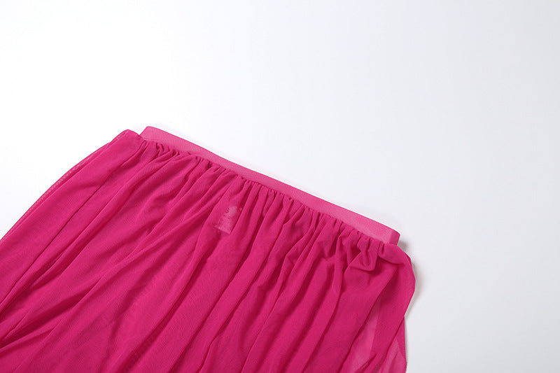 Women Fall Mesh Sexy One-Sided Long-Sleeve Crop Top with Pleated Slit Skirt Two-Piece Set 16