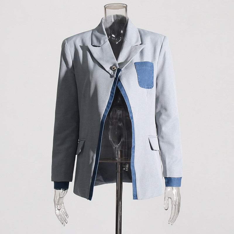 Women Autumn and Winter Fake Two Piece Patchwork Denim Blazer 3