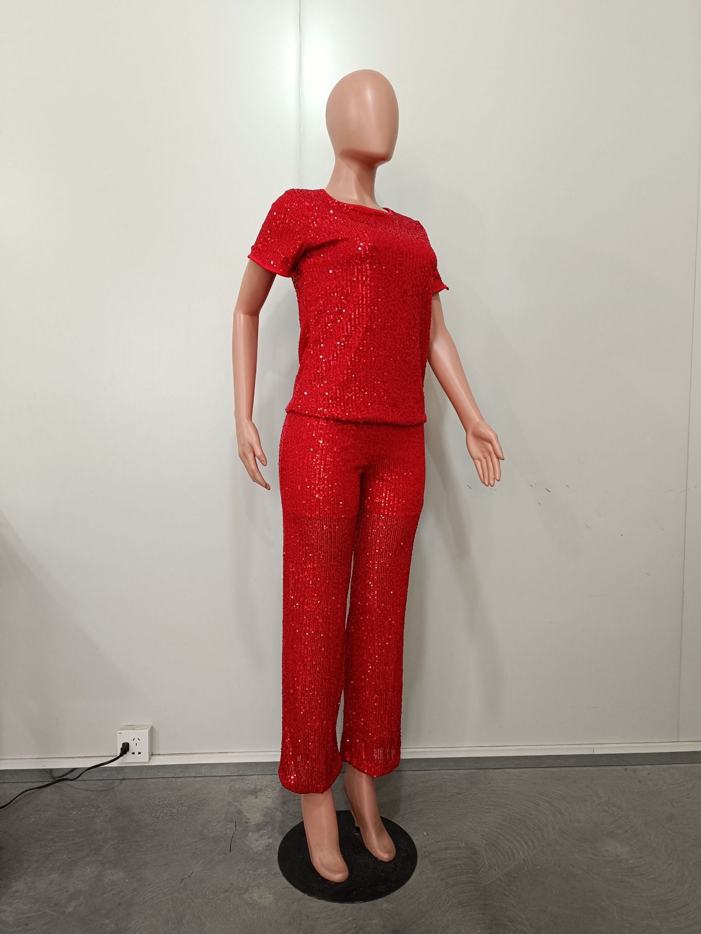 Women Spring Summer Sequin Solid Short Sleeve Top and Pants Two-piece Set 33