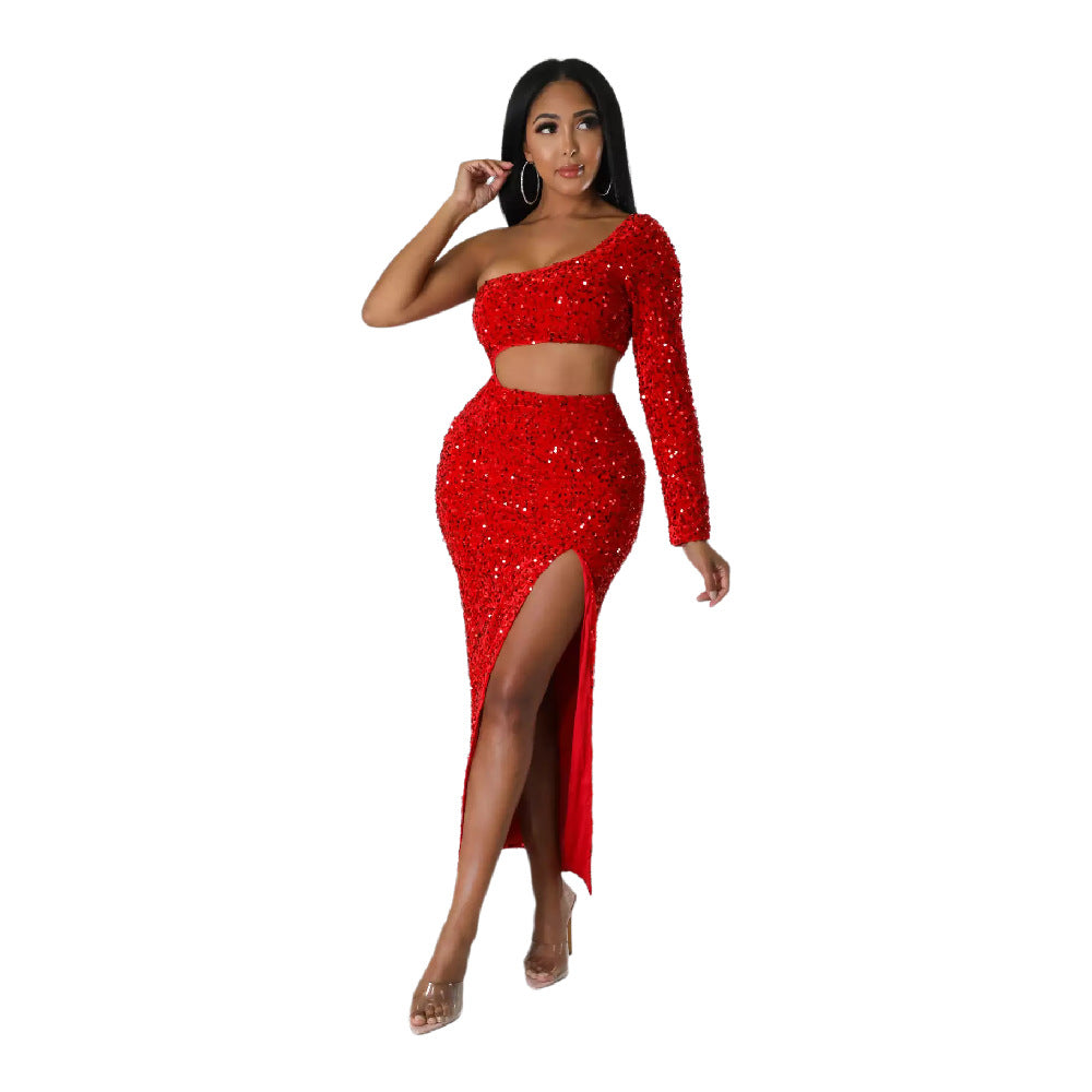 One Shoulder Trendy Sequin Sexy Crop Slit Women'S Party Dress 3