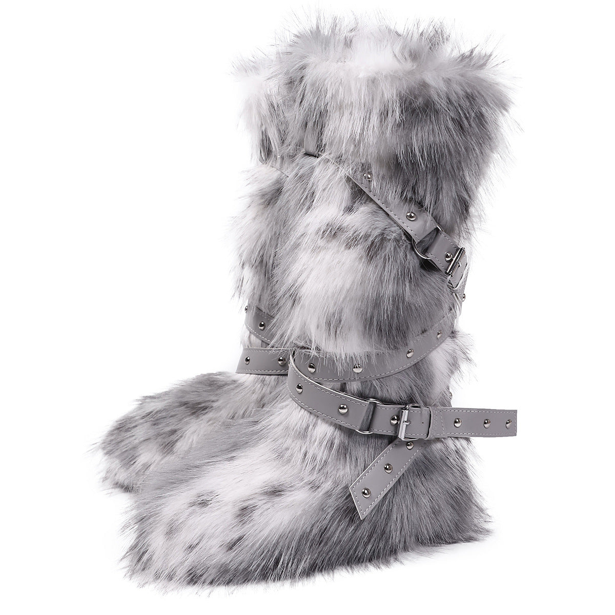 Leopard Print High Top Lace-Up Furry Boots Women Fleece-Lined Studded Thick Sole Snow Boots 11