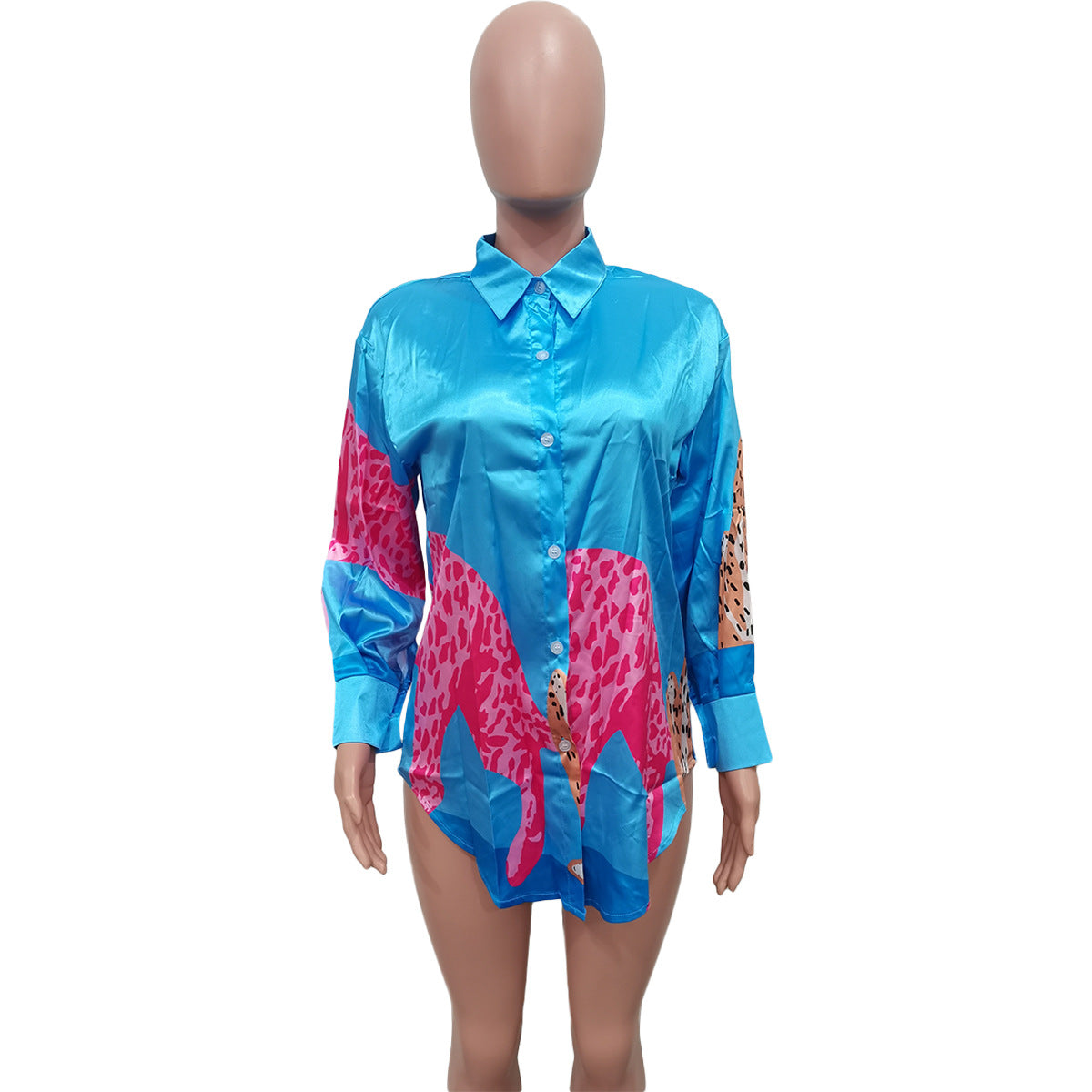 Womens Colorblock Leopard Print Button-Up Shirt Dress 8