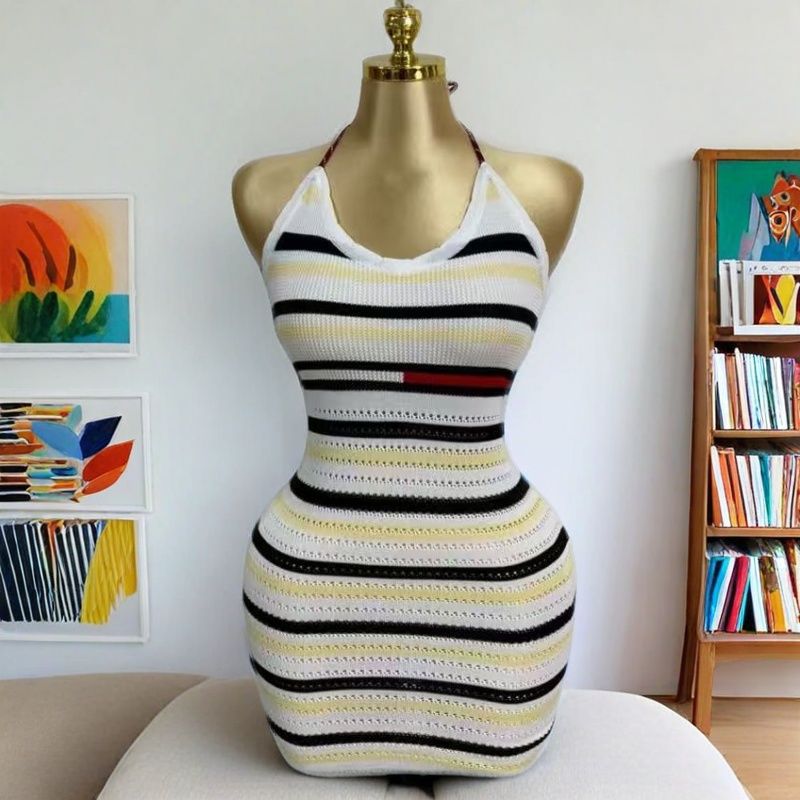 Women Striped Knitting Sleeveless Suspender Dress 3