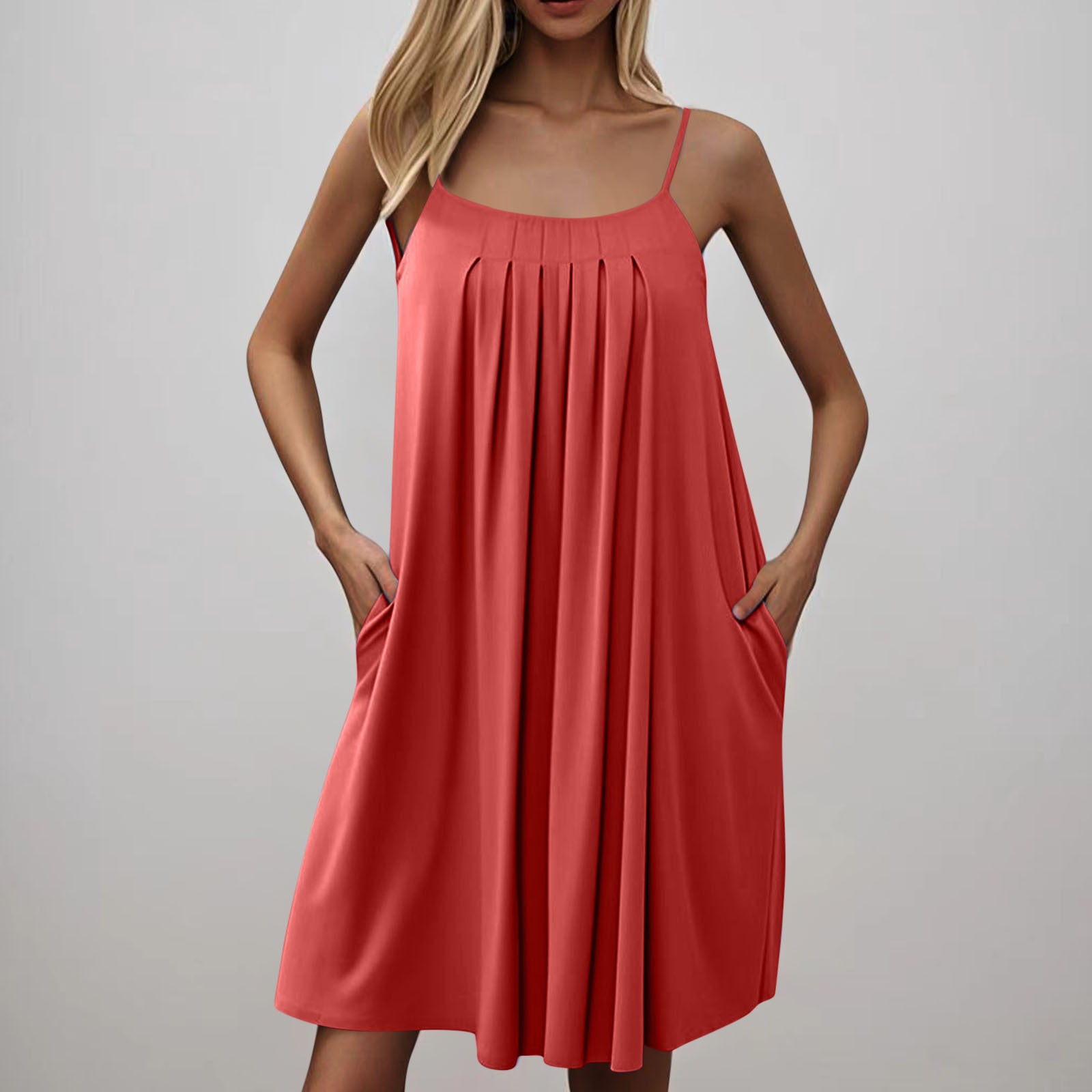 Women's Spring & Summer U-Neck Solid Color Pocket Strap Casual Dress 3