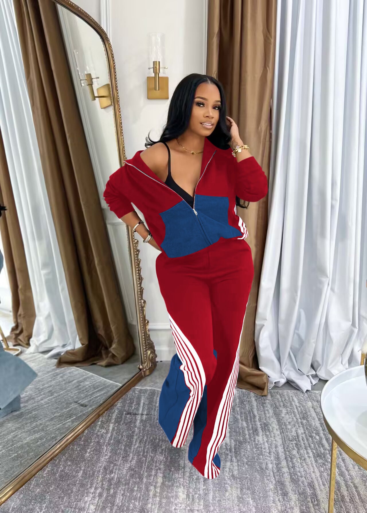 Denim Patchwork Sport Two-Piece Pants Set 3