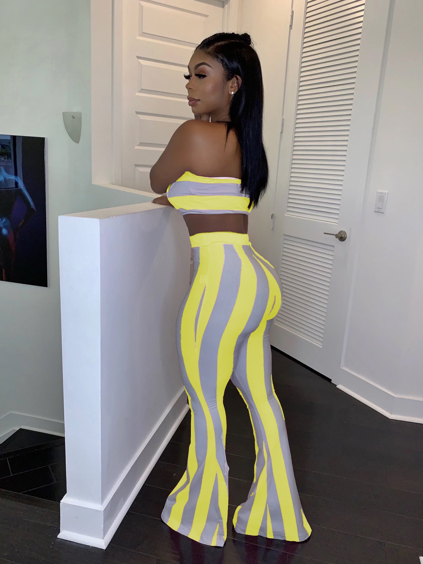 Spring Striped Strapless Crop Top Bell Bottom Pants Set 8