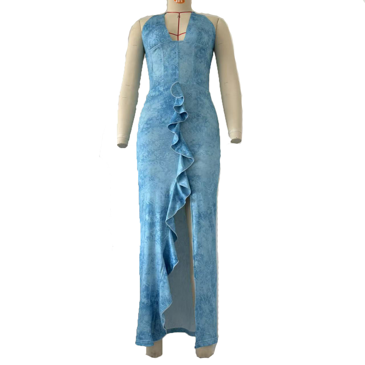 Women Sexy Print Halter Neck Lace-Up Backless Dress 6