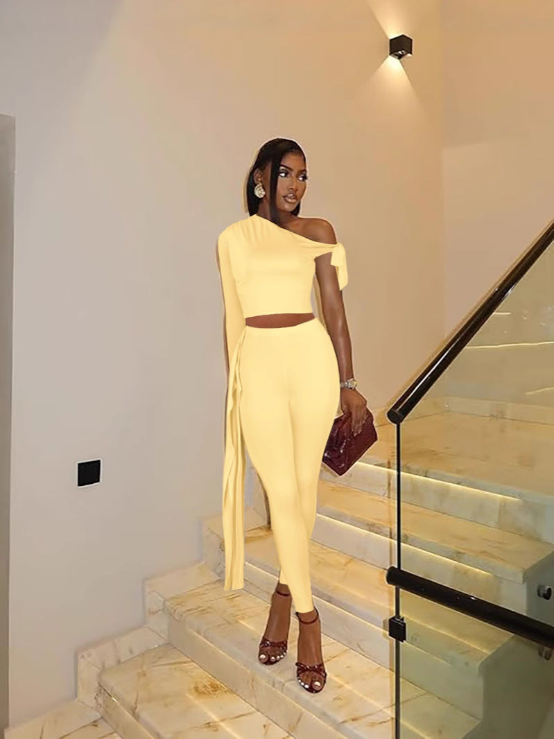 Women Sexy Single Long Sleeve Top and Long Pants Two-Piece Set 10