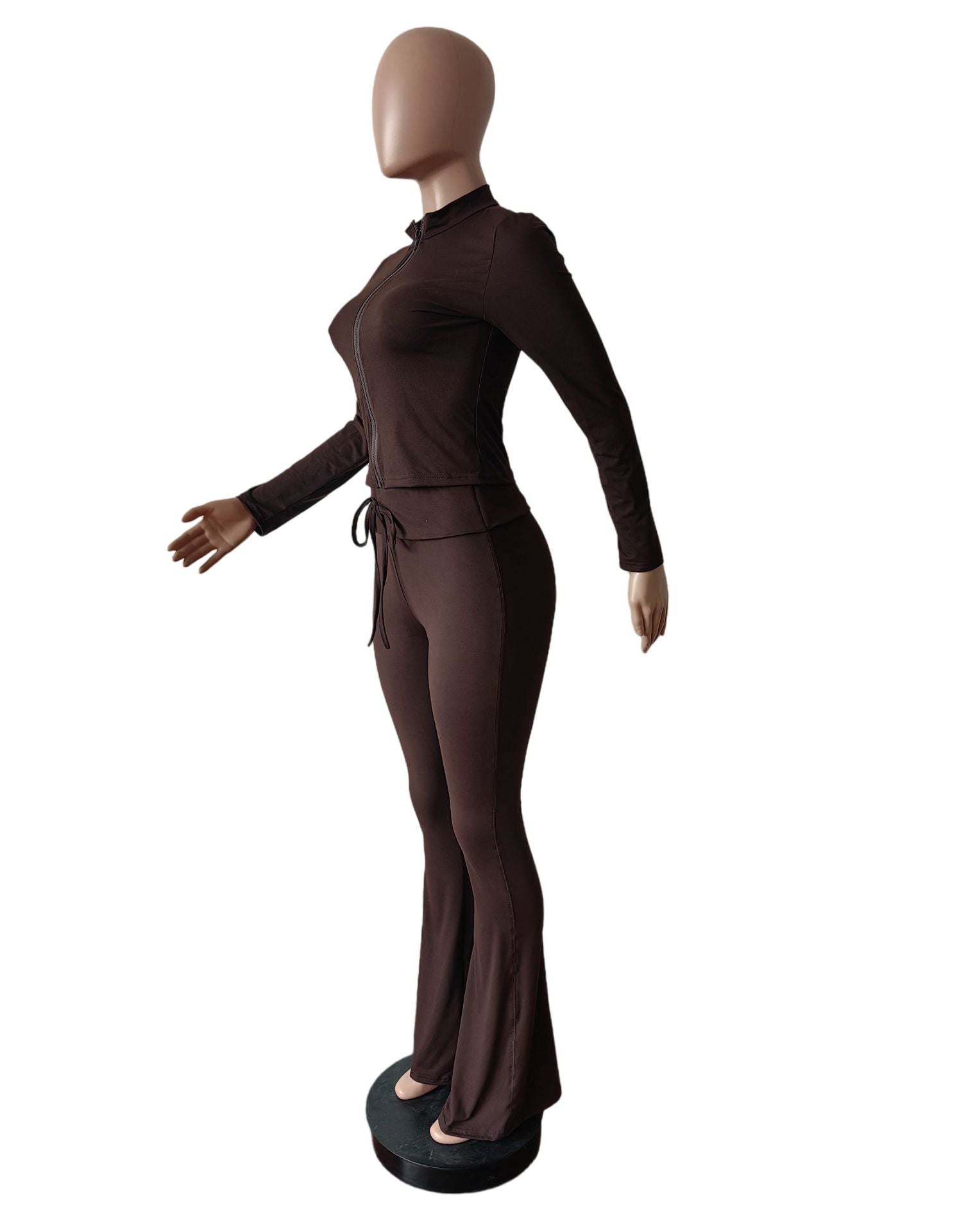 Long Sleeve Slim Zipper Top  Elastic Butt Lift Bell Bottom Pants Casual Set 6