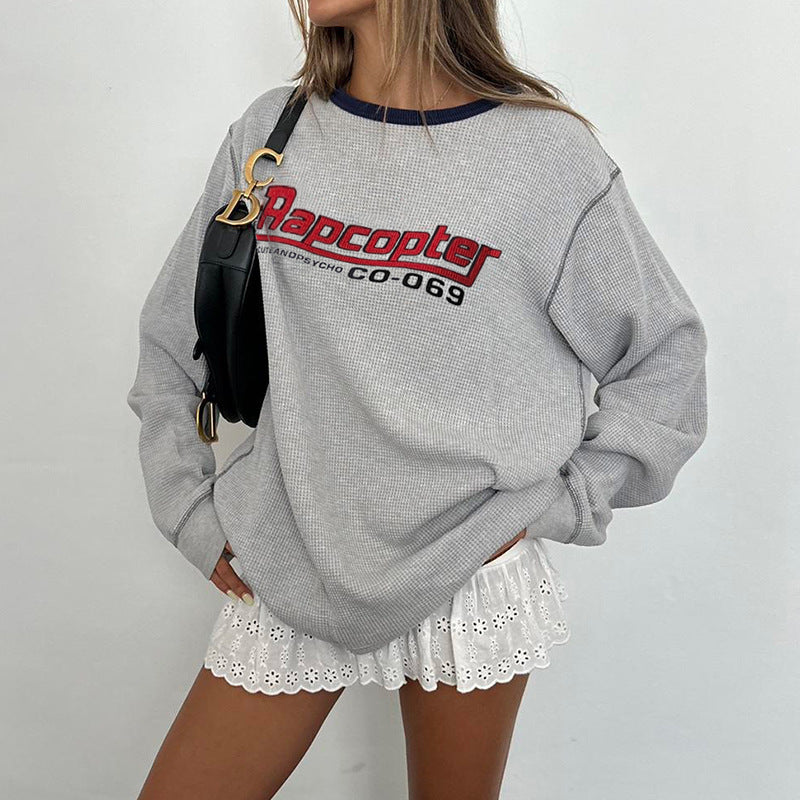 Women American Casual Letter Print Loose Hoodies Round Neck T-Shirt Top 4