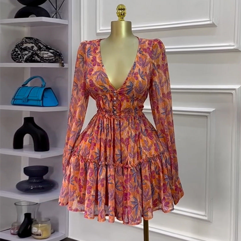 Women Spring Printed V-neck Dress