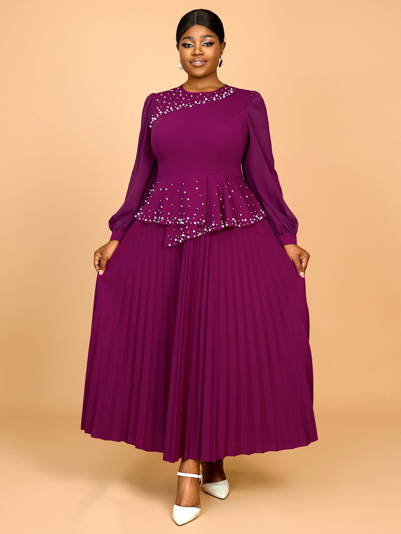 Plus Size Ruffle Elegant Round Neck Beaded Pleated Party Dress 5