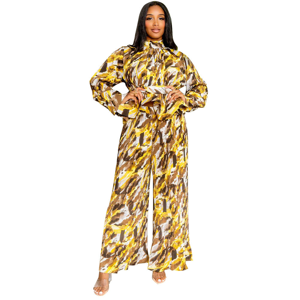 Women Lantern Long Sleeve Top and Wide Leg Pants Printed Casual Two-piece Set 9