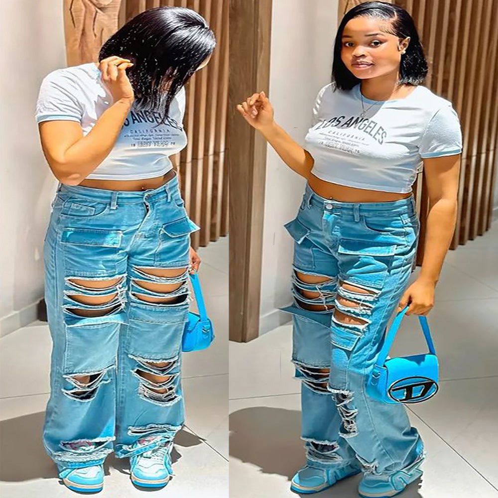 Women Street Style High Waist Ripped Pocket Straight Denim Pants