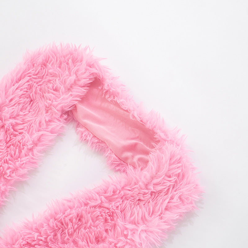 Women's Summer/Fall Halter Neck Low Back Lace-Up Faux Fur Tight Slim Solid Knee-Length Shorts Set 16