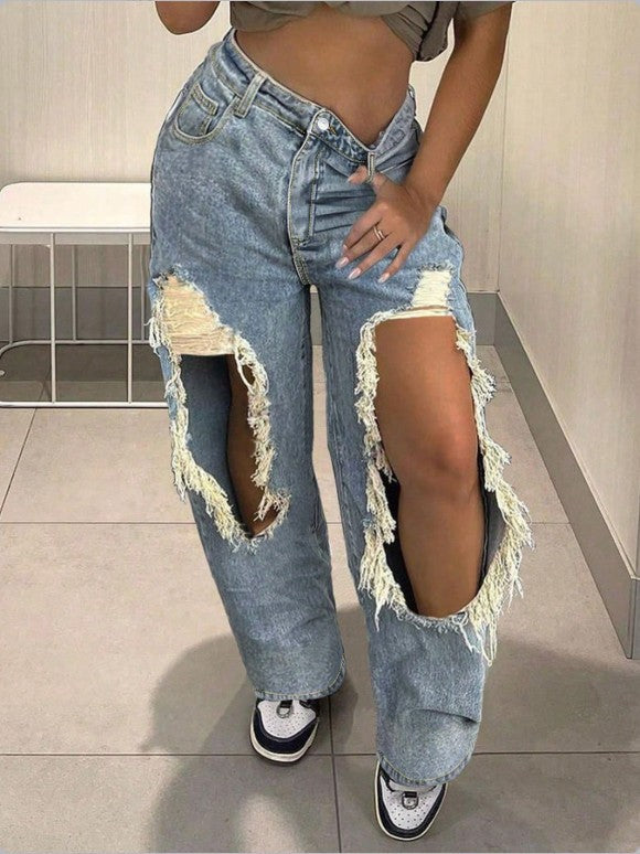 Summer Loose Style Ripped Straight Leg Casual Denim Pants Women 3