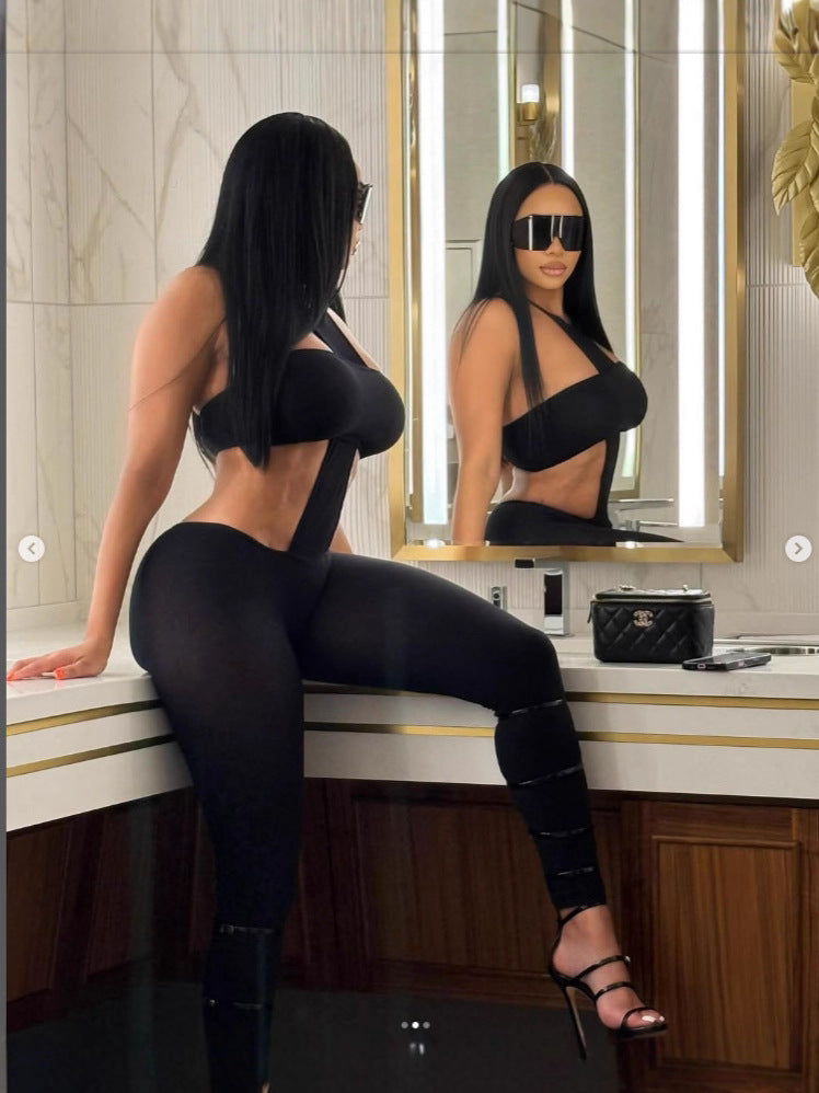 Women Sexy Strapless Halter Neck Top and Pants Two-Piece Set