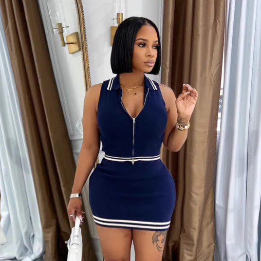 Women Polo neck zipper sleeveless knitting Dress