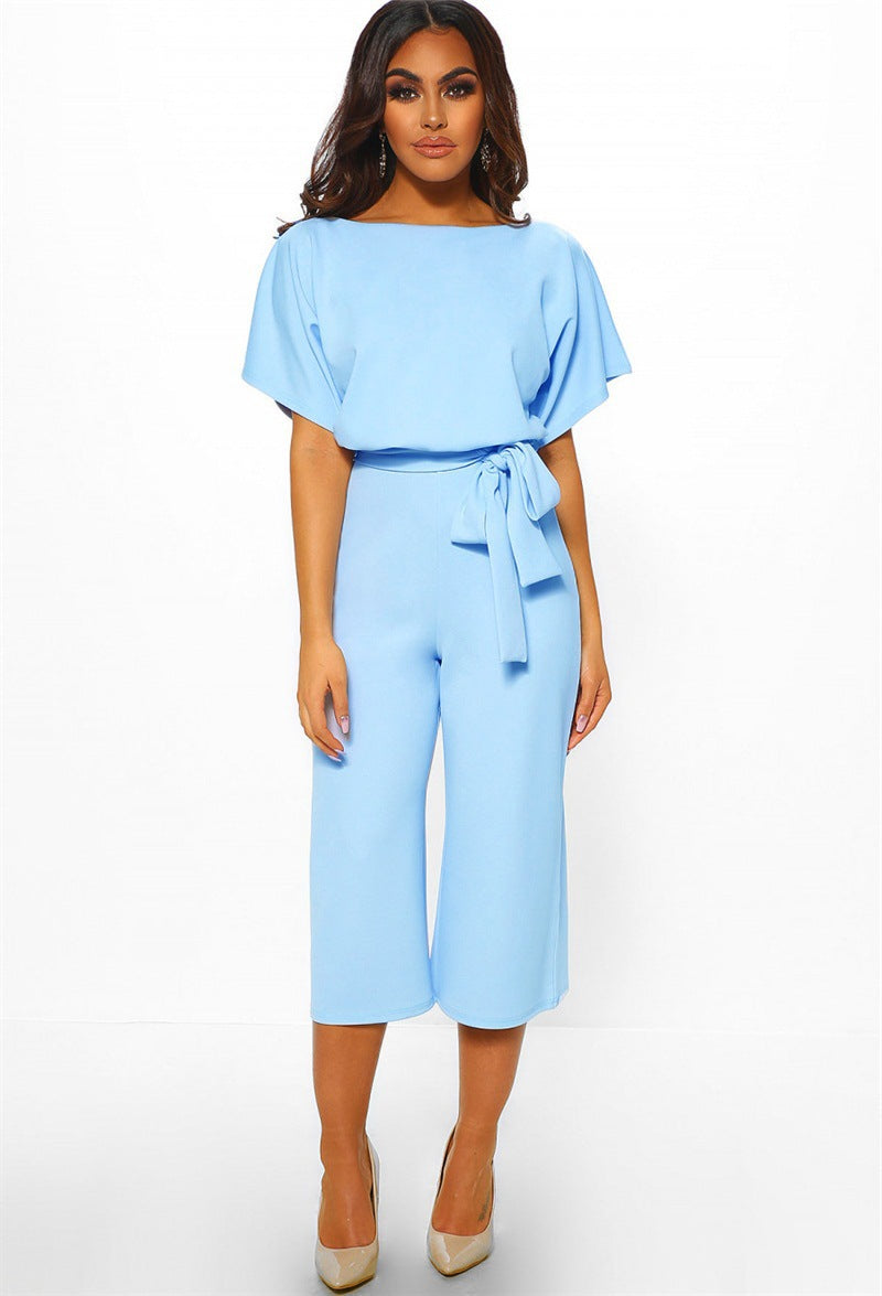 Women Summer Fashion with Belt Short Sleeve Jumpsuit 9