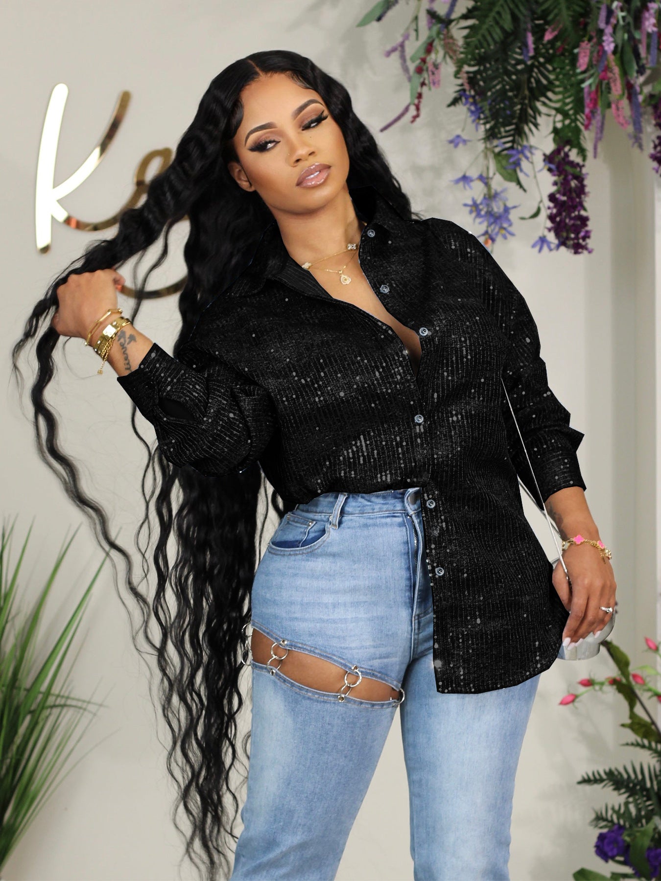 Women Turndown Collar sequined sequin shirt 3