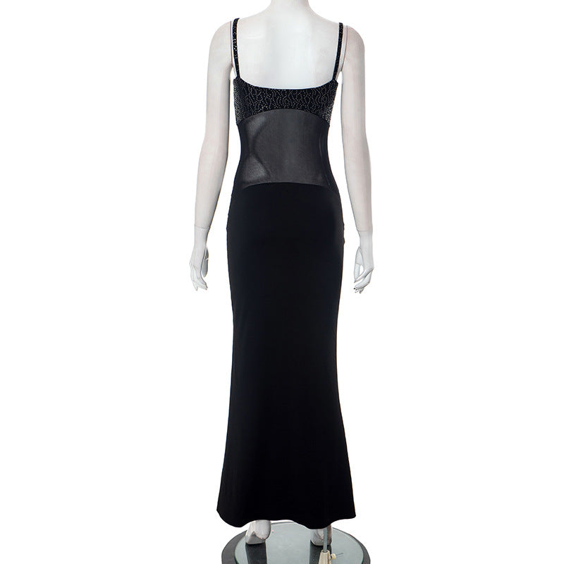 Women's Summer Solid Casual Mesh See-Through Straps Slim Maxi Dress 11