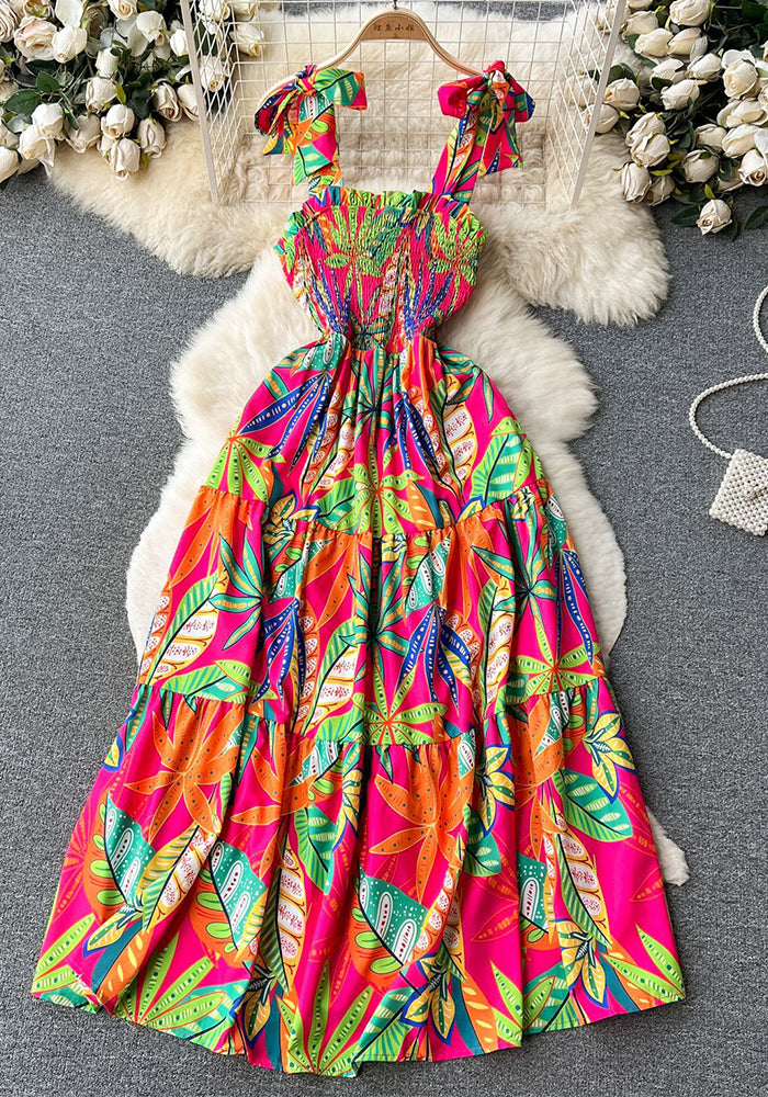 Holidays Dress Summer Strap Lace-Up Slim Waist Flared Print Dress