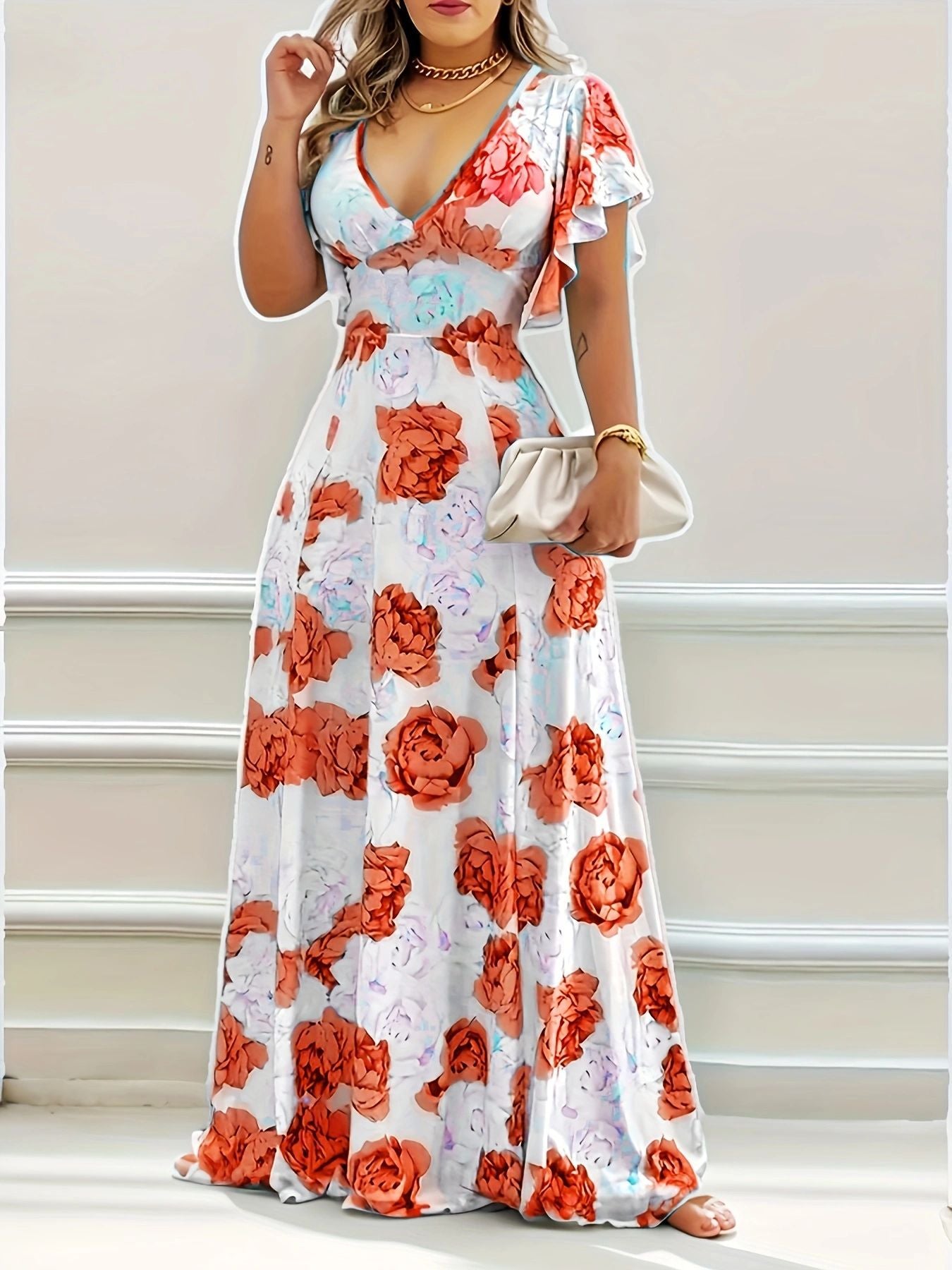 Summer Printed V-Neck Short-Sleeved Maxi Dress 4