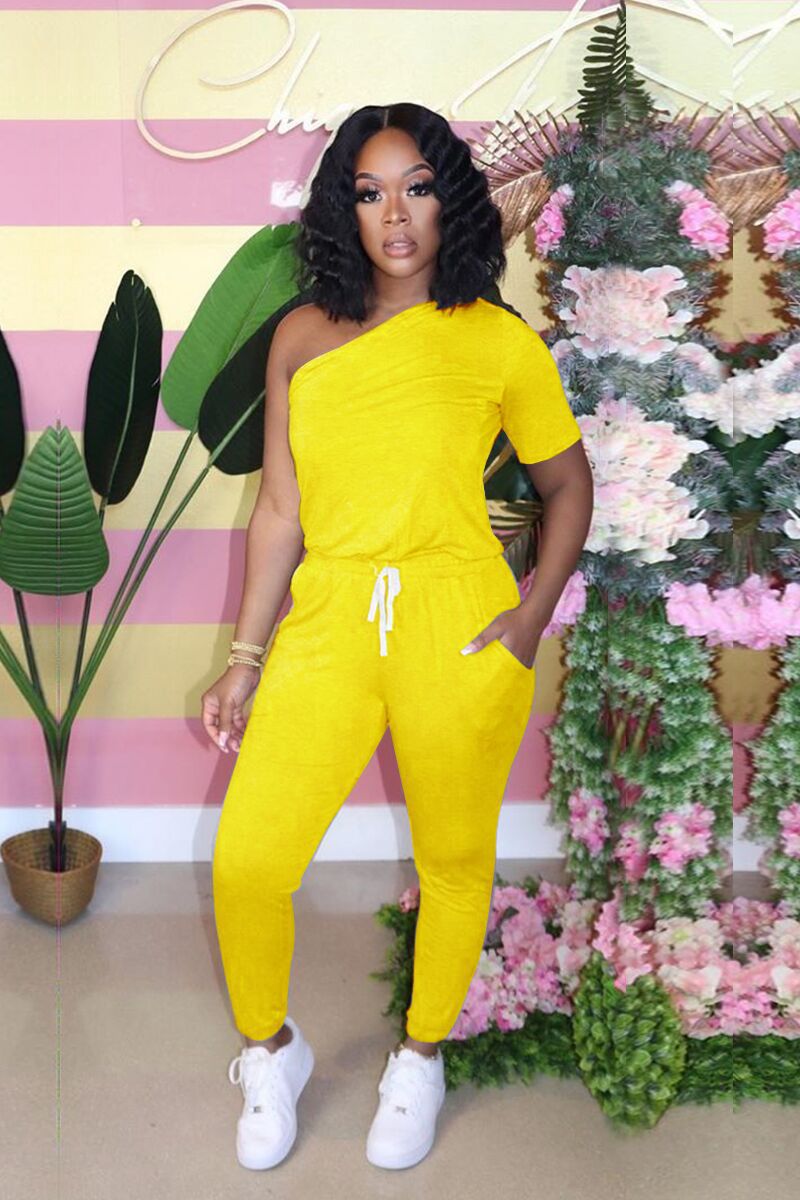 Sexy Women's Slash Shoulder Half Sleeve Solid Color Slim Fit Women's Sports Jumpsuit 6
