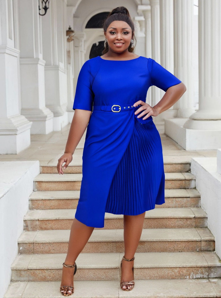 Plus Size Women Casual Patchwork Pleated Elegant Dress 6