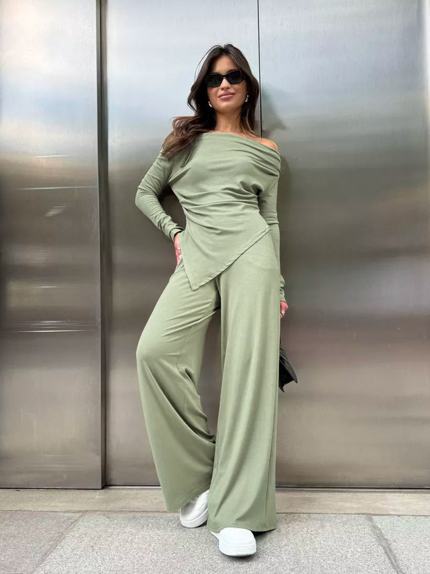 Autumn And Winter Grey Knitting Fashion Off Shoulder Long Sleeve Top High Waist Wide Leg Pants Casual Two Piece Set 4