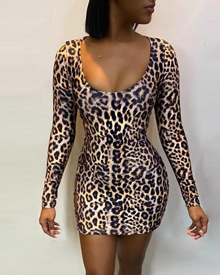 Women Spring Printed Sexy O-Neck Long Sleeve Leopard Print Lace Up Mini Sheath Club Dress 6