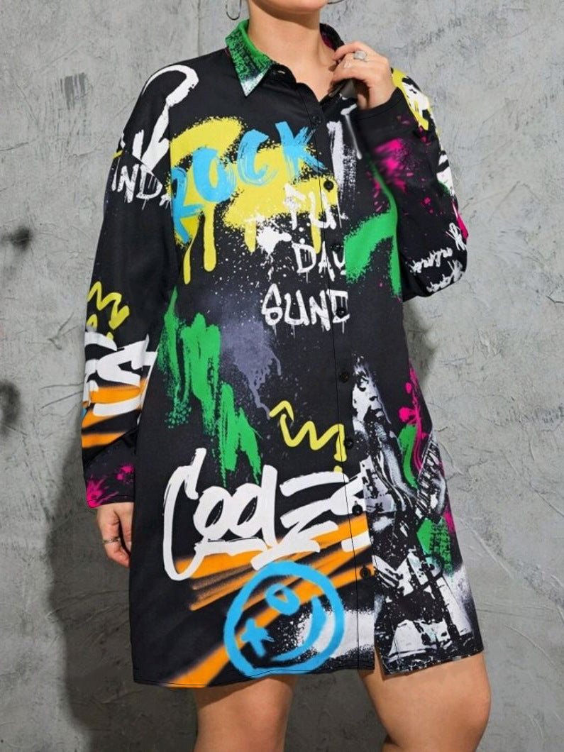 Fashion Print Loose Plus Size Women's Turndown Collar Long-Sleeved Shirt Dress