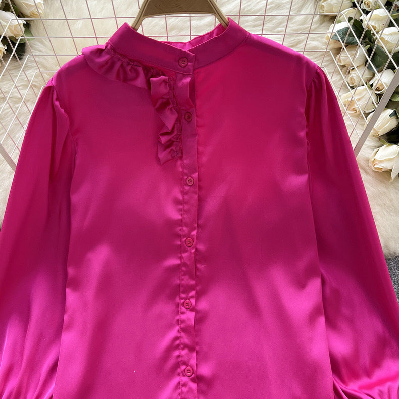 Women French Long Sleeve Chic Satin Shirt 14