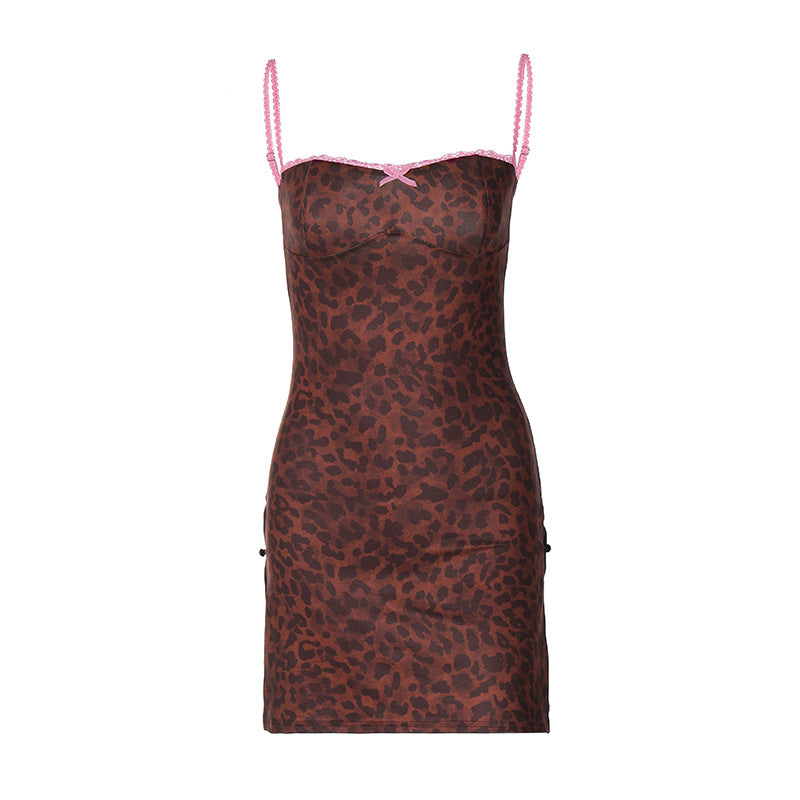 Women's Summer Fashion Leopard Printed Side Slit Strap Dress 9