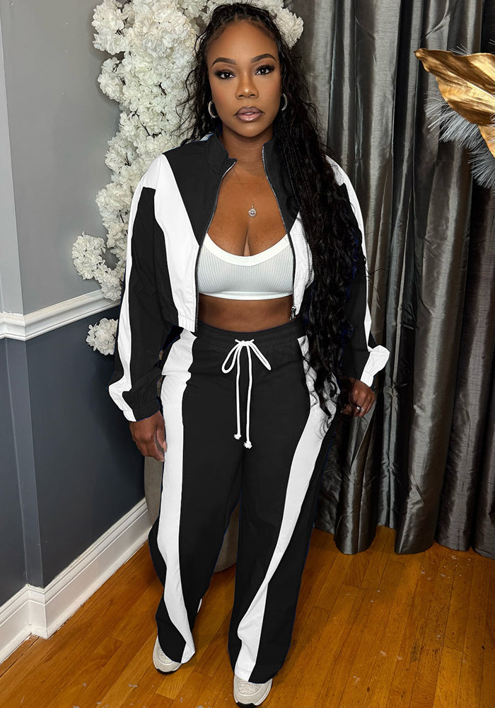 Women double stripe contrasting sport casual two-piece suit