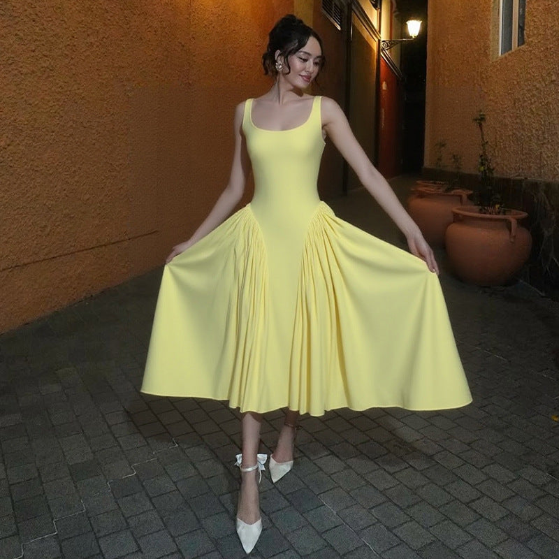 Summer Elegant Chic High Waist Solid Square Neck Strap A-line Dress 6