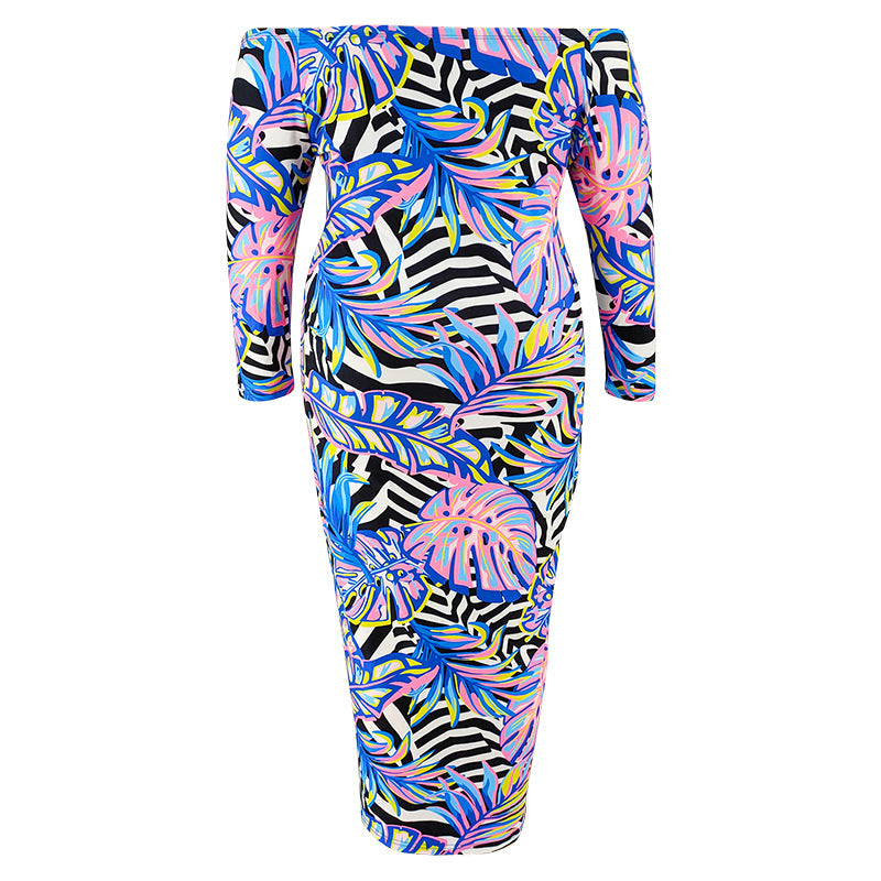 Plus Size Women's Off Shoulder Long Sleeve Printed Long Dress 7