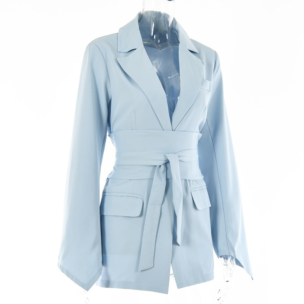 WomenCasual Solid Long Sleeve Lace-Up Belted Blazer 19