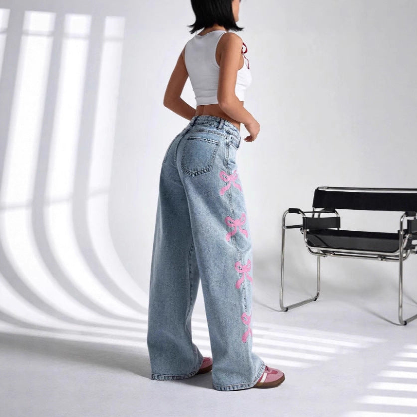 Women casual printed washed butterfly denim pants 4