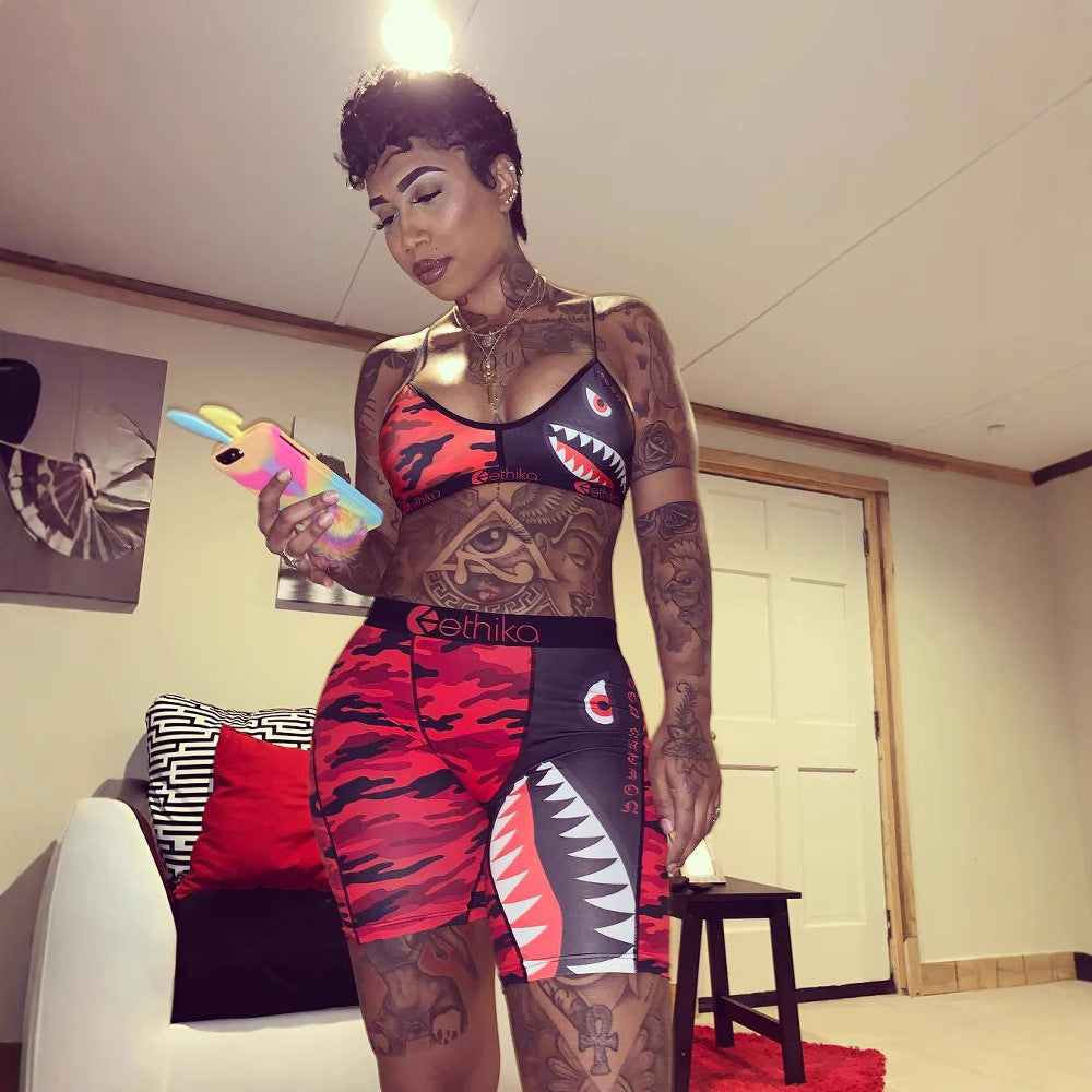 Women summer camouflage vest sports Top and Shorts Casual two-piece set