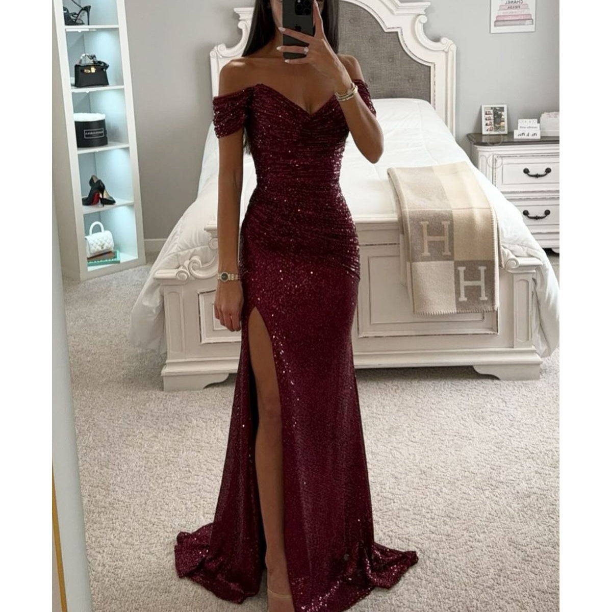 Women Sequin Off Shoulder Slit Dress 11