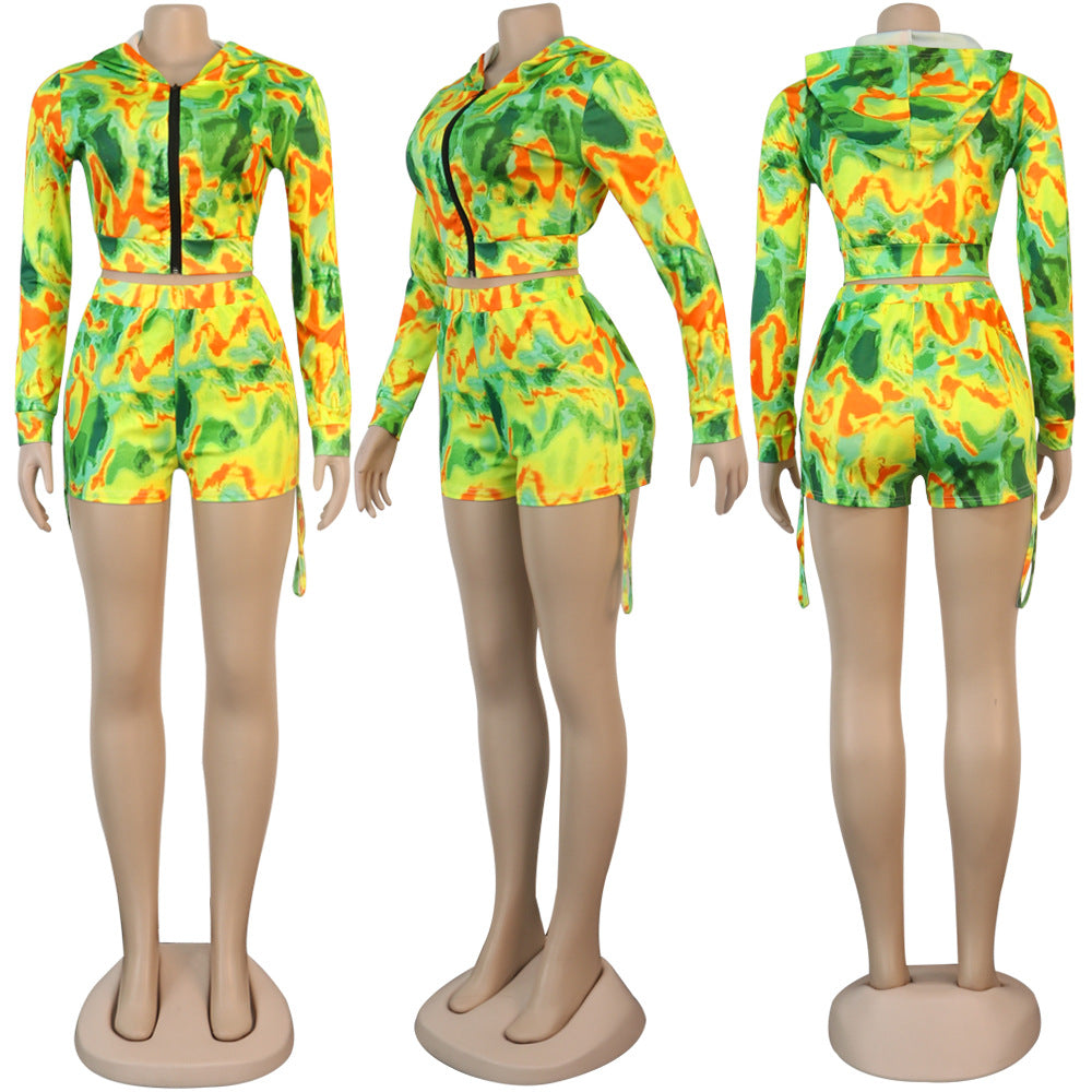 Print Hooded Zipper Long Sleeve Top Shorts Women's Casual Tracksuit 12