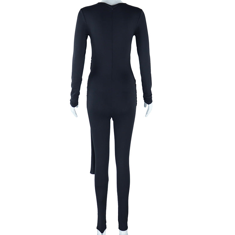 Women Solid Color One-Piece Lace-Up Round Neck Long Sleeve Tight Fitting Fitness Jumpsuit 13