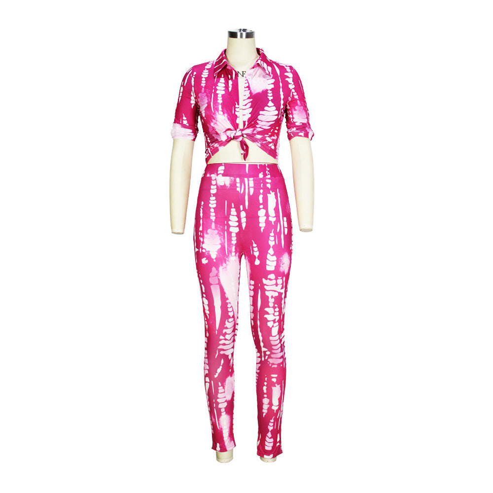 Women printed Turndown Collar shirt and Pants Two-piece Set 22