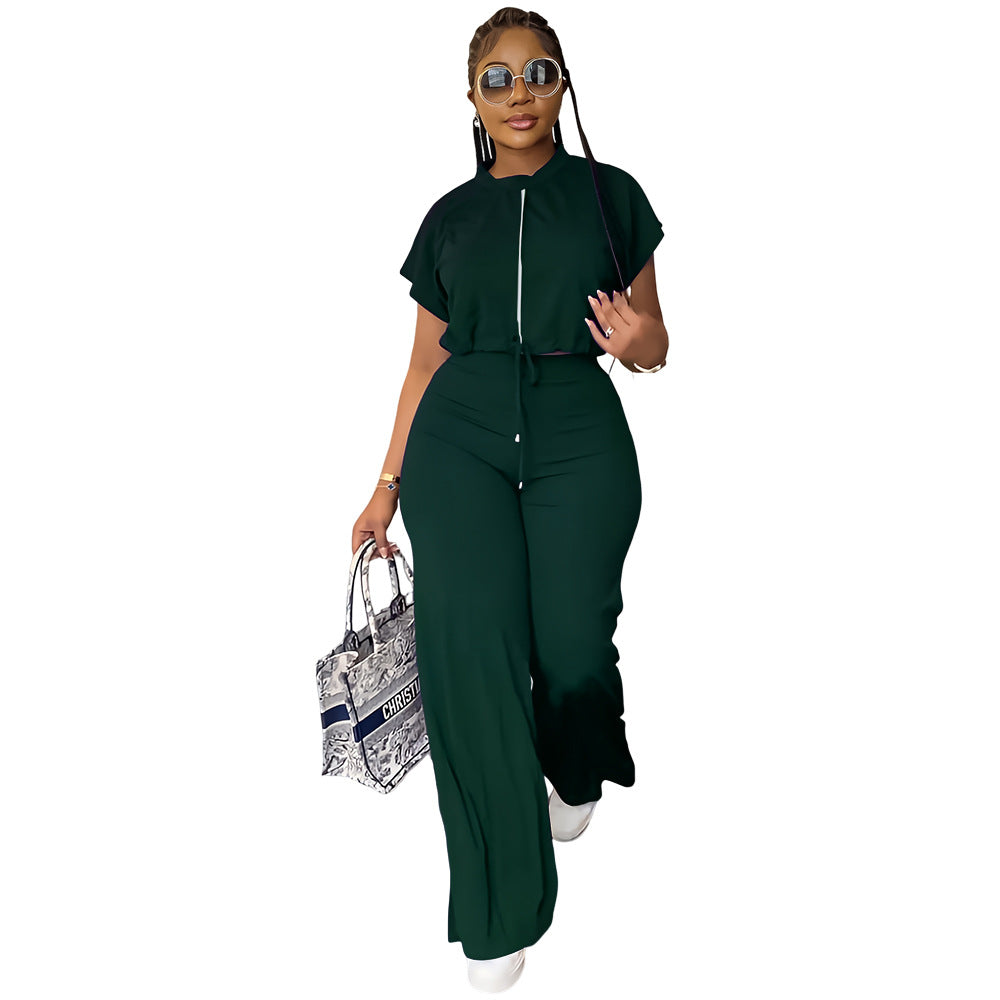 Summer Drawstring High Waist Slit Women's Fashion Two-Piece Pants Set 10